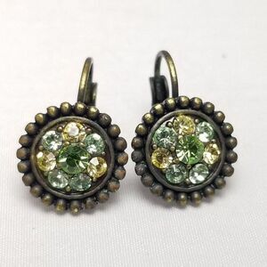 Vintage Lia Sophia Green Rhinestone Round Earrings, Bronze Color Setting, Estate